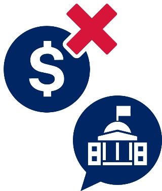 Montage of 2 icons. The first icon is a dollar sign with a cross. The second icon is a speech bubble with a government icon in it.