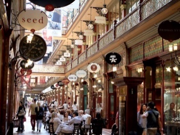 A public street with shops and restaurants.