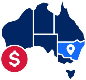 A map of Australia with NSW highlighted. Next to the map is a dollar symbol.