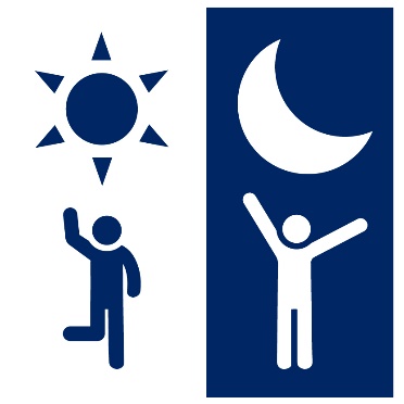 A person doing an activity with a sun icon above them, and a person doing an activity with a moon icon above them.