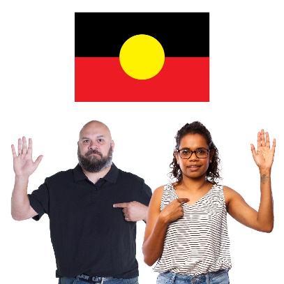 2 Aboriginal people pointing to themselves with their other hands raised. Above them is the Aboriginal flag.