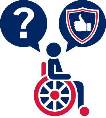 A person in a mobility aid with 2 speech bubbles. The first bubble has a question mark, and the second bubble has a safety icon.