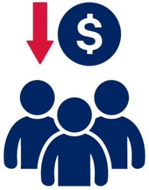 A dollar symbol with an arrow pointing down, and a group of people.