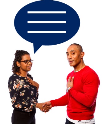 A person shaking hands with an Aboriginal person. The Aboriginal person has a speech bubble with 3 lines in it.
