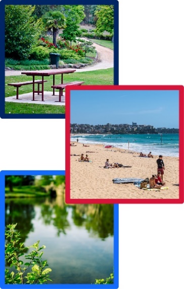 A montage including images of a bench in a park, people on a beach, and a calm waterway.