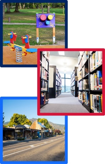 A montage including images of a playground, shelves of books in a library, and a street running through a small town.