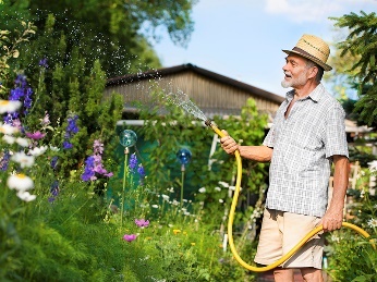 A person watering their garden with a hose.