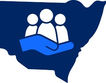 A map of NSW with an icon of a hand supporting a group of people.