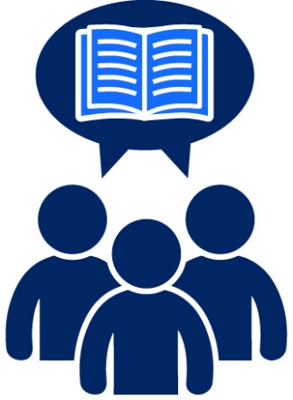 A group of people with a speech bubble above them with an open book in it.