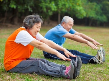 2 people doing exercise together in a park.