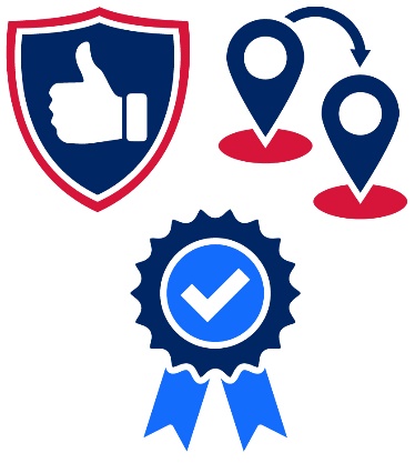 A safety icon, an arrow pointing from one location marker to another location marker, and a badge showing good quality.